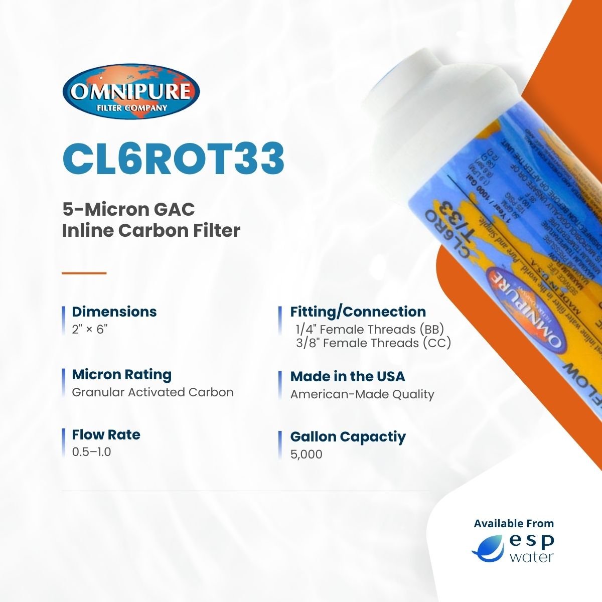 Omnipure CL6ROT33 specifications for a 5-micron 2 x 6 inch inline granular activated carbon filter