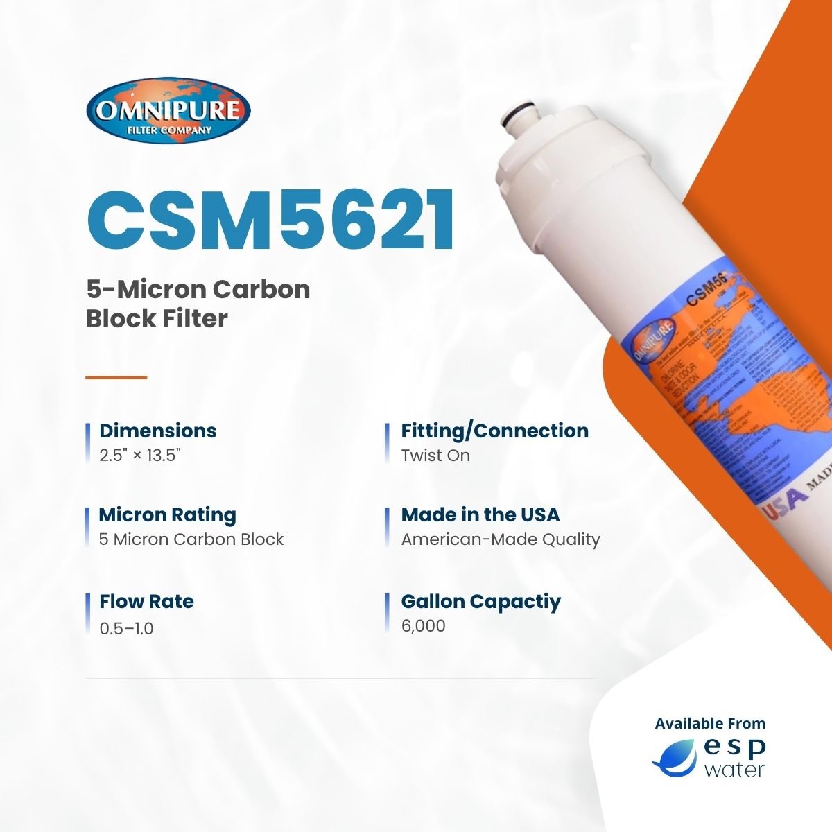 Omnipure CSM5621 5-micron carbon block filter specifications for compatible 3M SQC systems