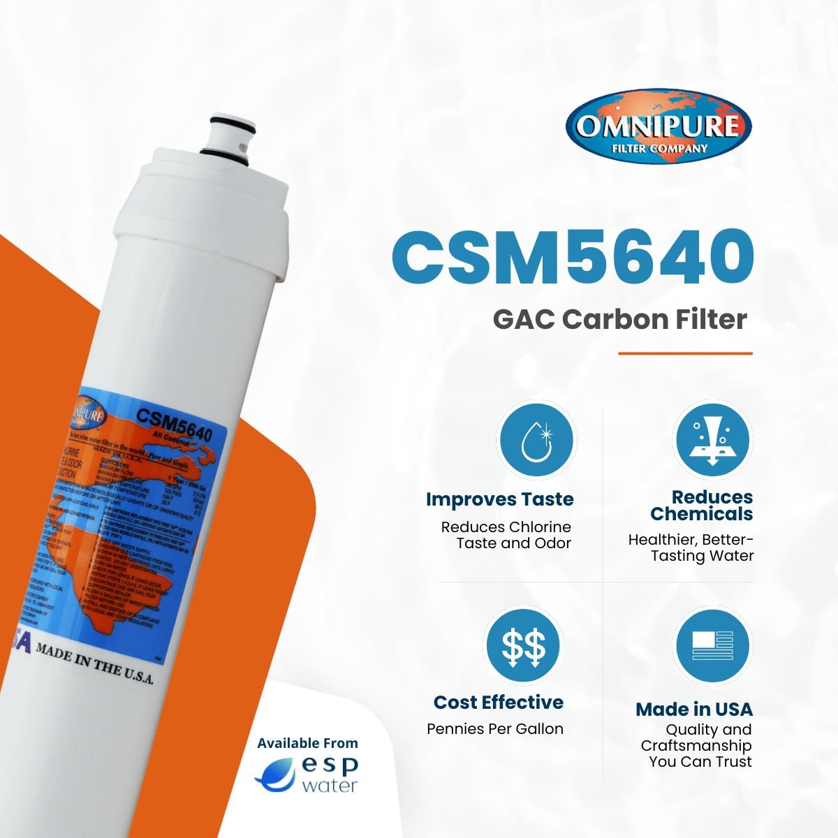 Omnipure CSM5640 GAC filter benefits for chlorine, taste and odor reduction