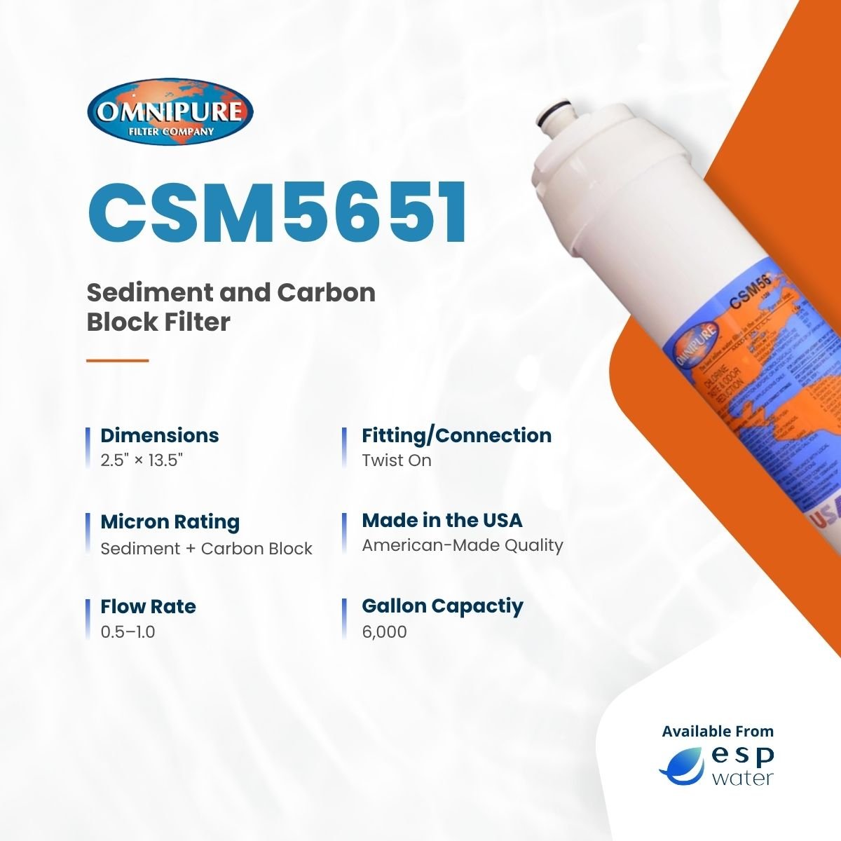 Omnipure CSM5651 sediment and carbon filter specifications for compatible 3M SQC systems
