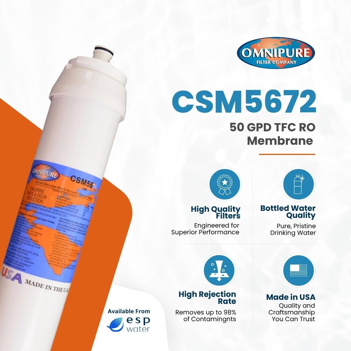 Omnipure CSM5672 RO membrane benefits for compatible 3M Water Factory drinking water systems