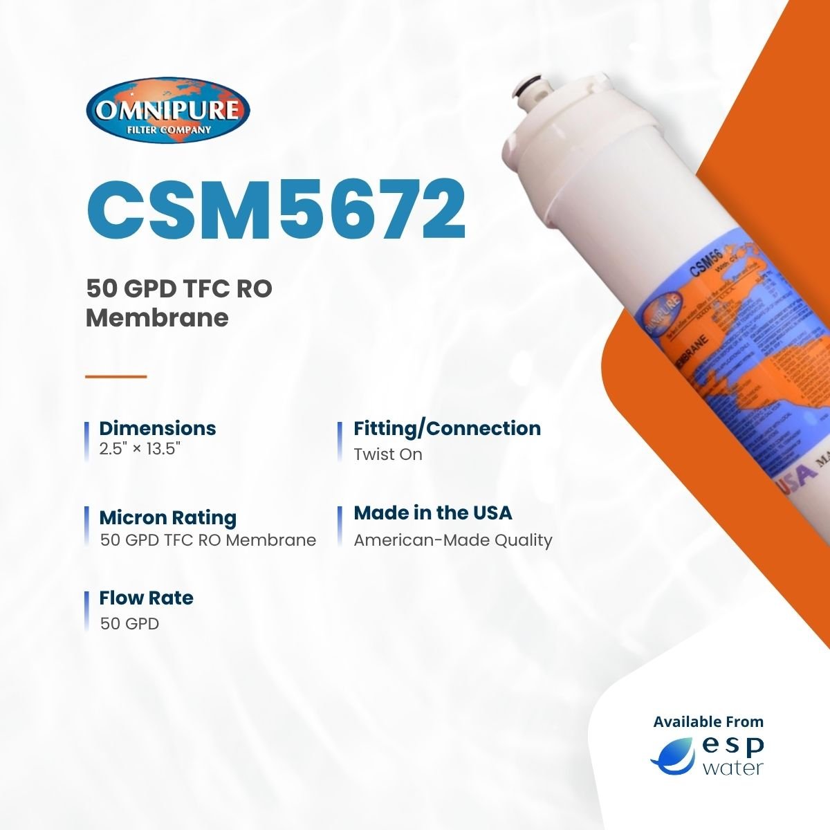 Omnipure CSM5672 50 GPD reverse osmosis membrane specifications