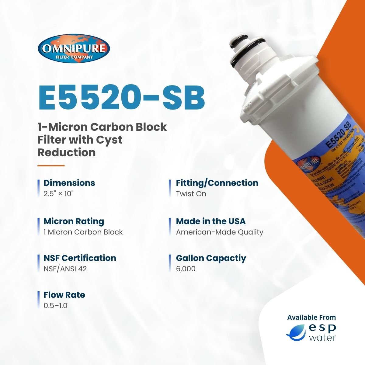 Omnipure E5520-SB specifications for a 1-micron 2.5 x 10 inch carbon block replacement filter