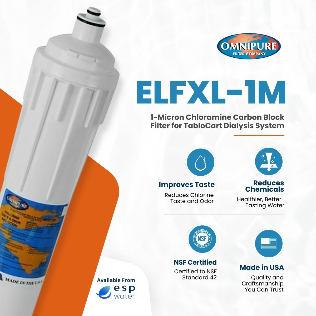 Omnipure ELFXL-1M filter benefits including chlorine, chloramine, taste and odor reduction with 1-micron sediment filtration