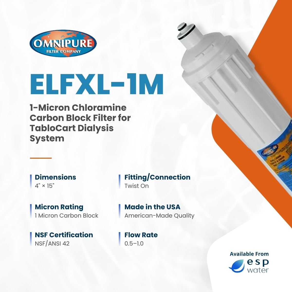 Omnipure ELFXL-1M specifications for 1-micron carbon block filter measuring 17.5 x 3.125 inches