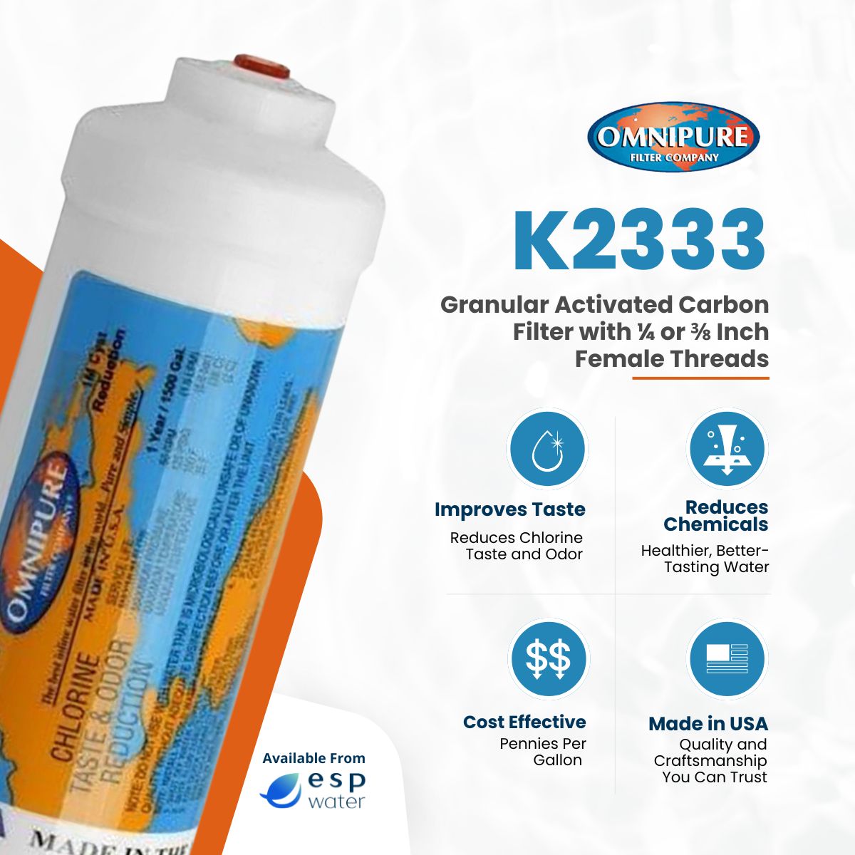 Omnipure K2333 GAC inline filter benefits for chlorine, taste and odor reduction