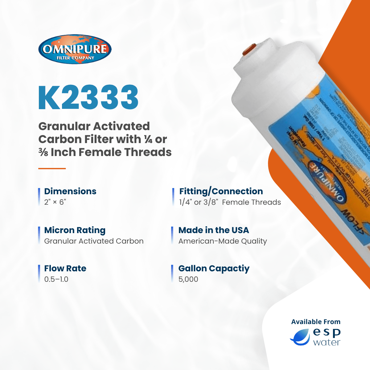 Omnipure K2333 specifications for 2 x 6 inch granular activated carbon inline filter