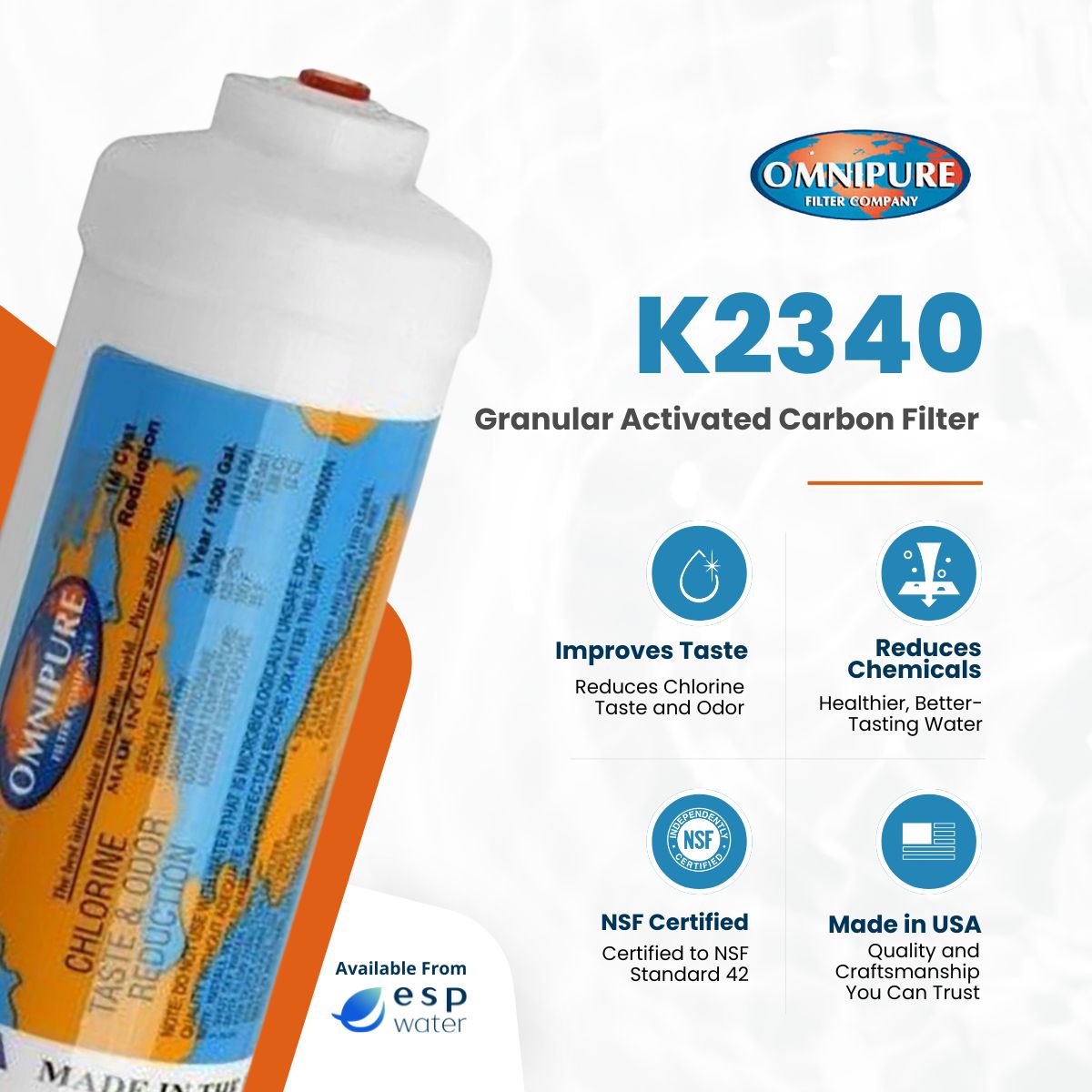 Omnipure K2340 inline GAC filter benefits for chlorine taste and odor reduction