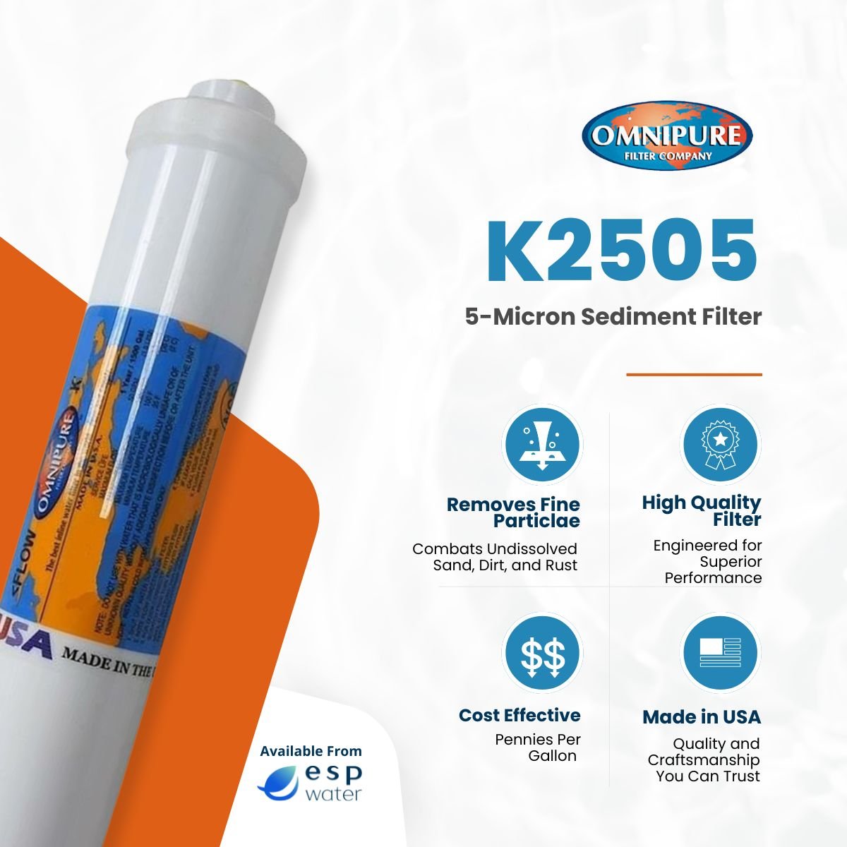 Omnipure K2505 inline sediment filter benefits for reducing particles down to 5 microns