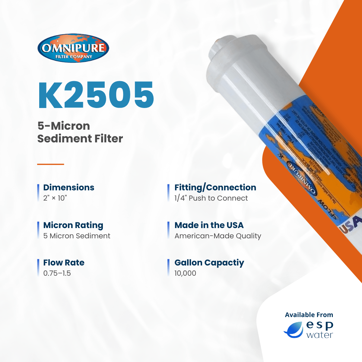 Omnipure K2505 2 x 10 inch 5-micron inline sediment filter specifications