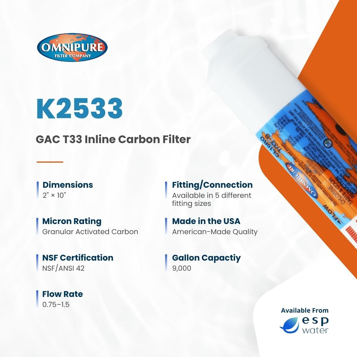 Omnipure K2533 specifications for a 2 x 10 inch granular activated carbon inline filter