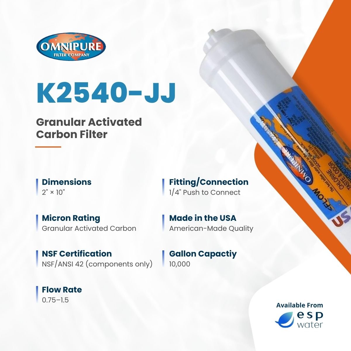 Omnipure K2540-JJ 2 x 10 inline GAC filter technical specifications