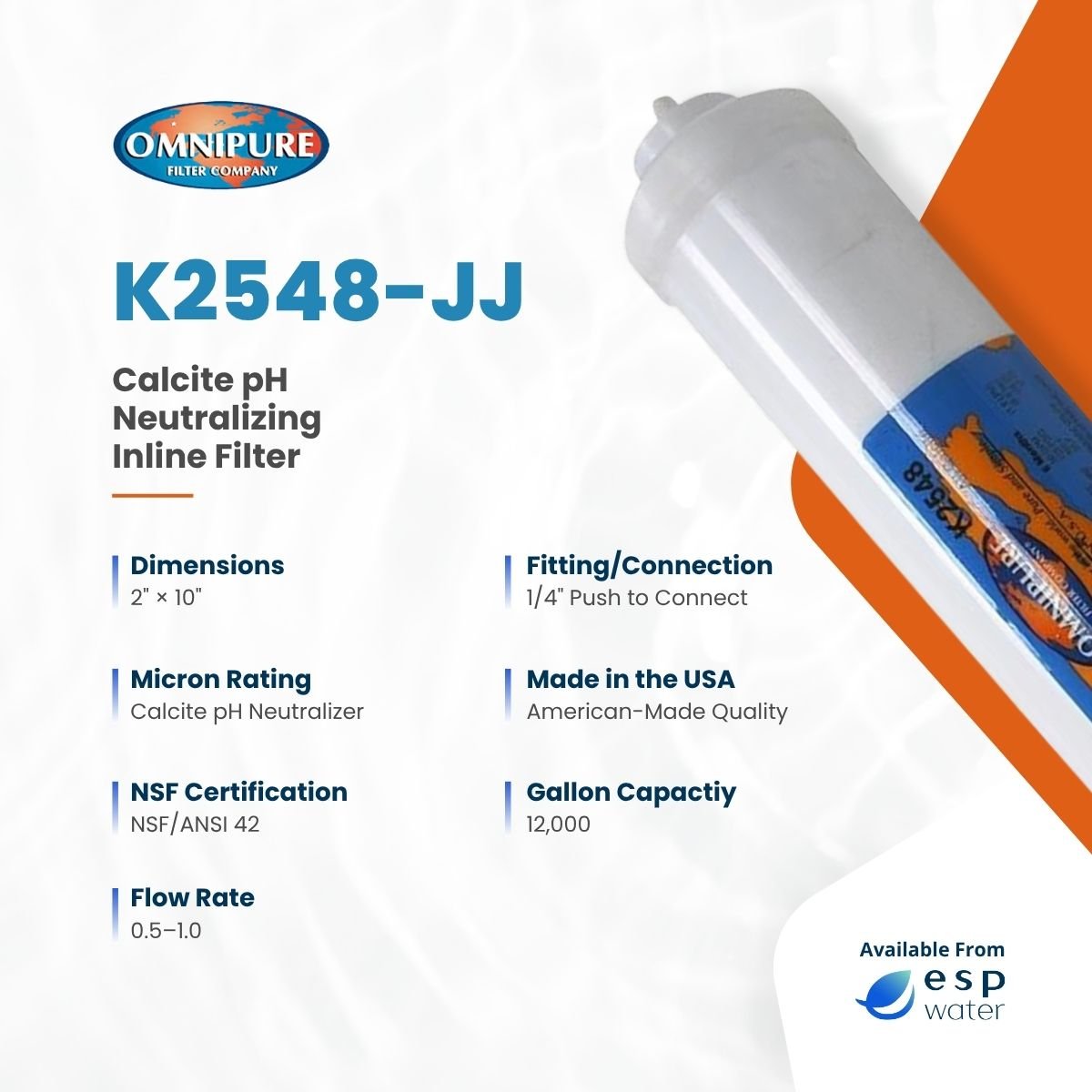 Omnipure K2548 specifications for a 2 x 10 inch calcite pH neutralizing inline filter