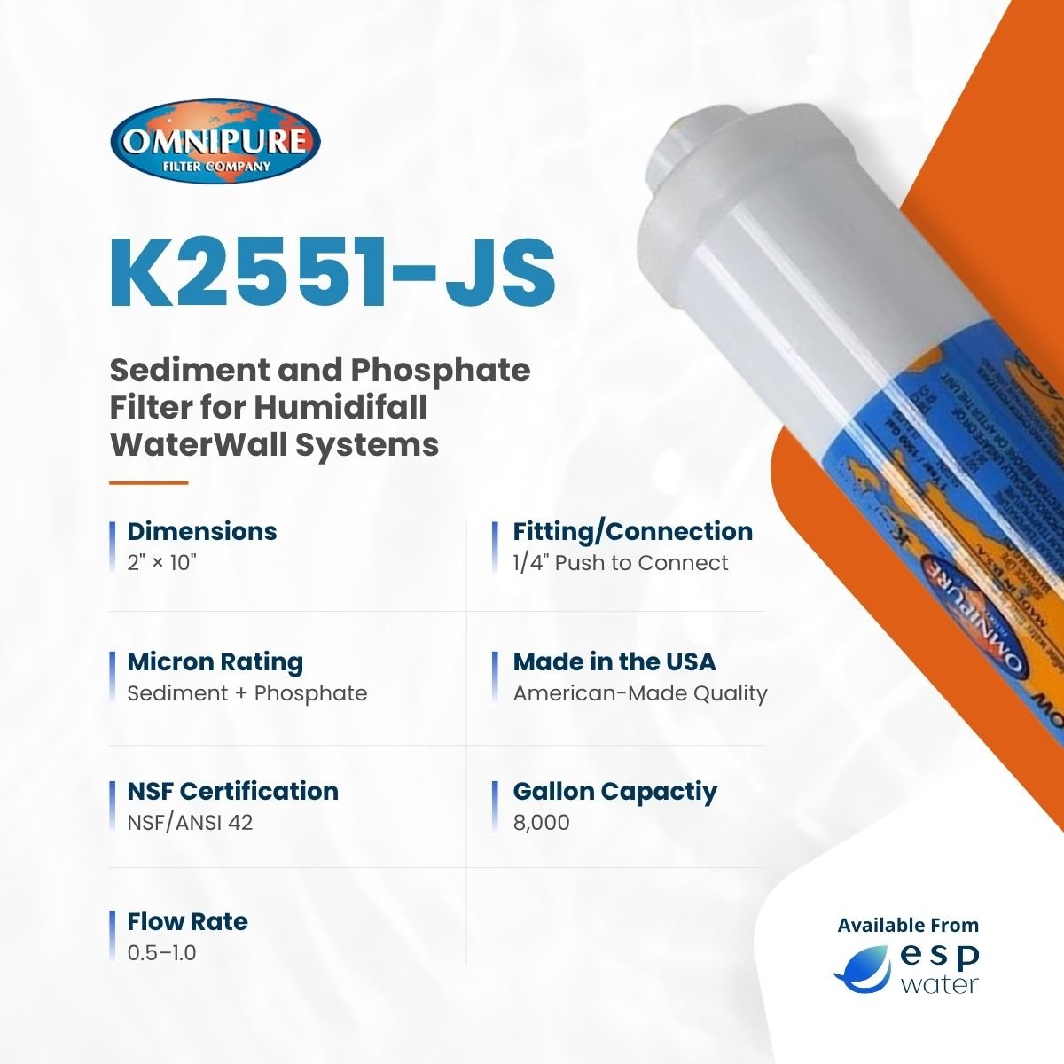 Omnipure K2551-JS sediment and phosphate inline filter specifications