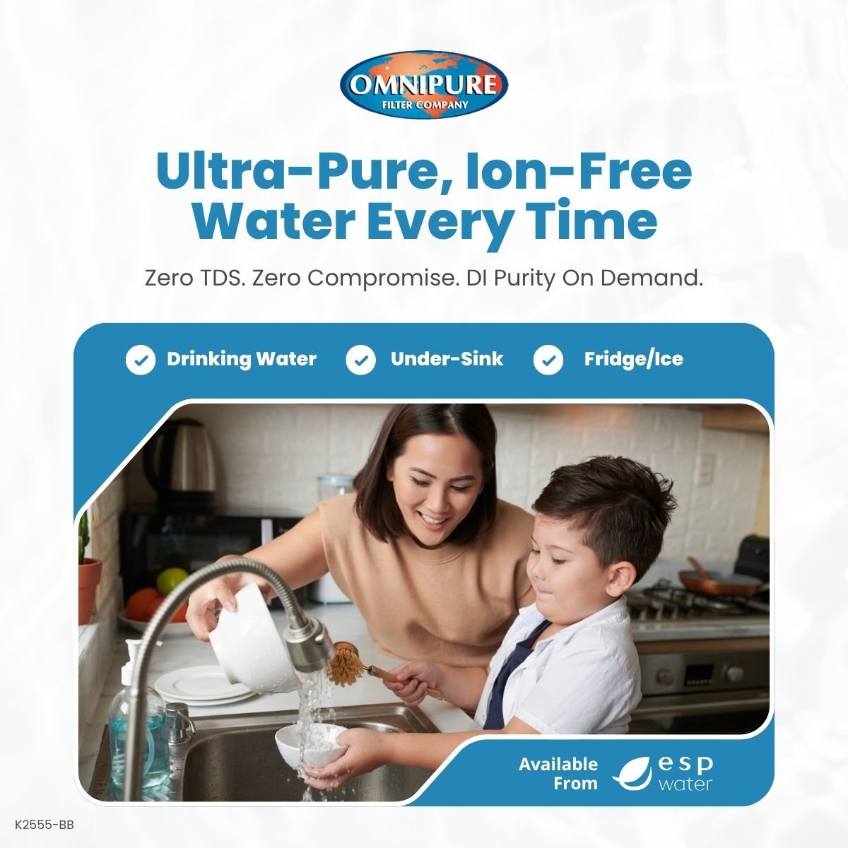 Omnipure K2555-BB mixed-bed DI filter features for aquarium, hydroponic and purified water applications