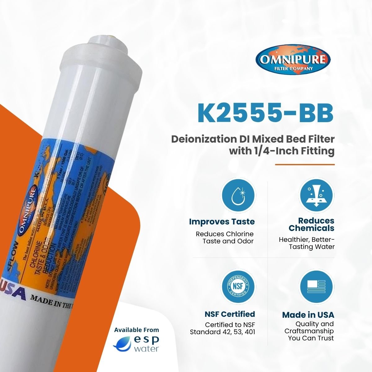 Omnipure K2555-BB deionization filter benefits for reducing dissolved ions and total dissolved solids