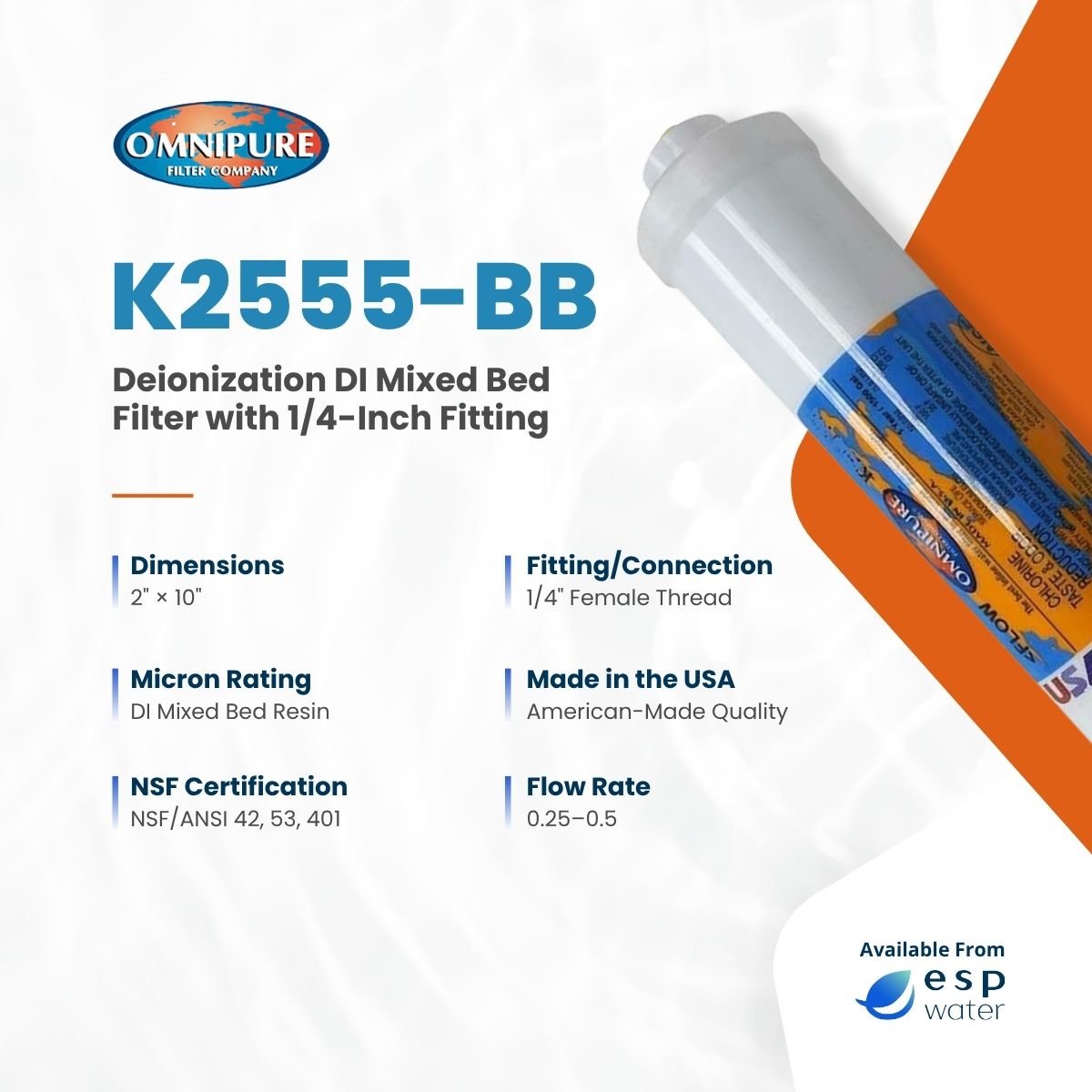 Omnipure K2555-BB specifications for a 2 x 10 inch mixed-bed deionization inline filter