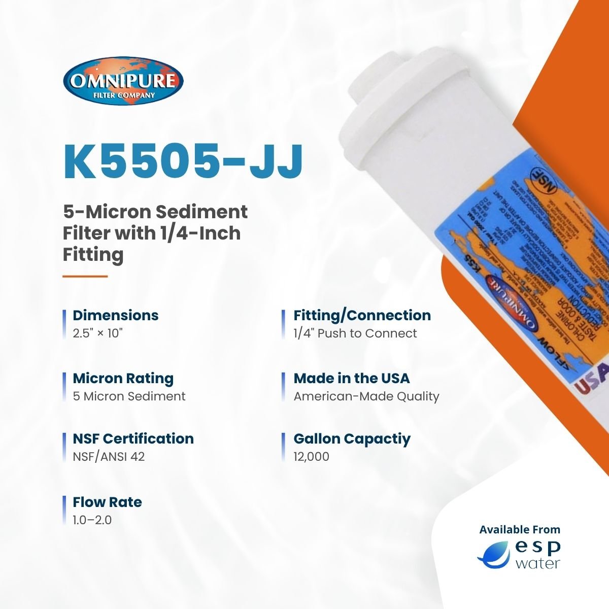 Omnipure K5505 Inline Sediment Filter 5 Micron 2.5" x 10" K5505-JJ - ESP Water