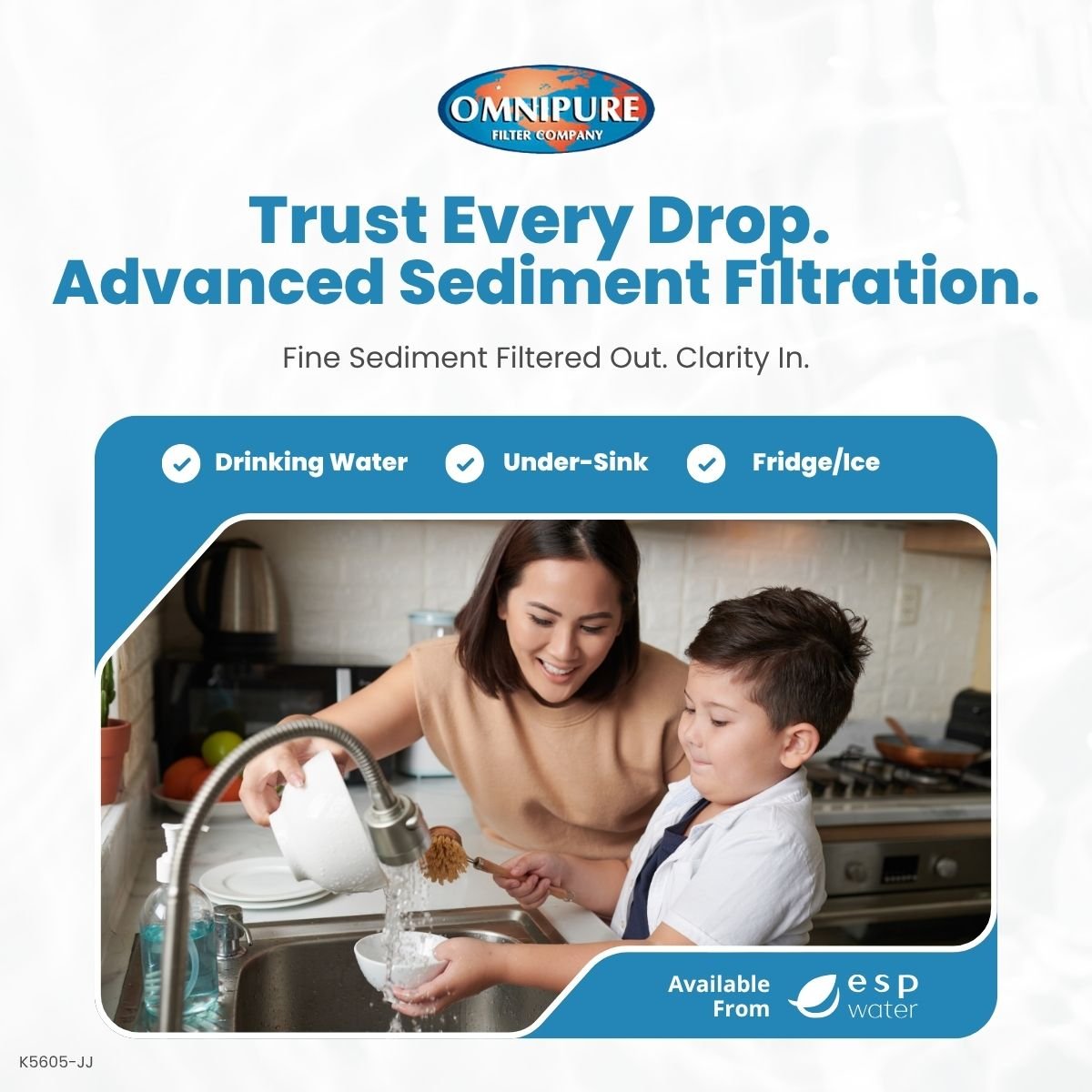 Omnipure K5605-JJ inline sediment filter features with 1/4-inch quick-connect installation
