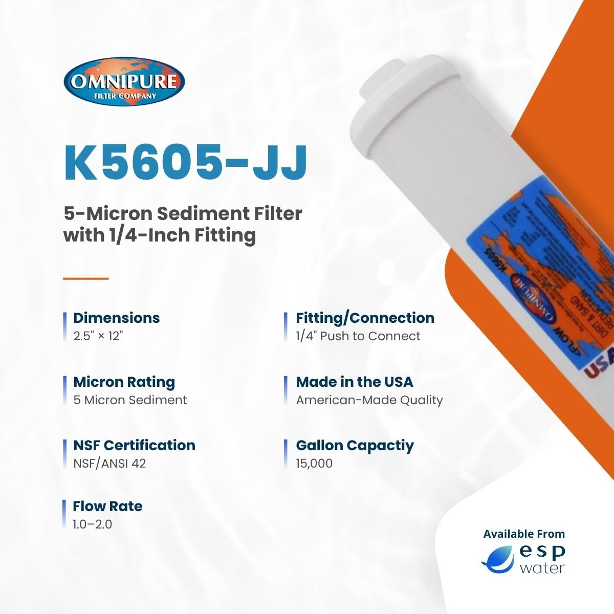 Omnipure K5605-JJ specifications for a 5-micron 2.5 x 12 inch inline sediment filter