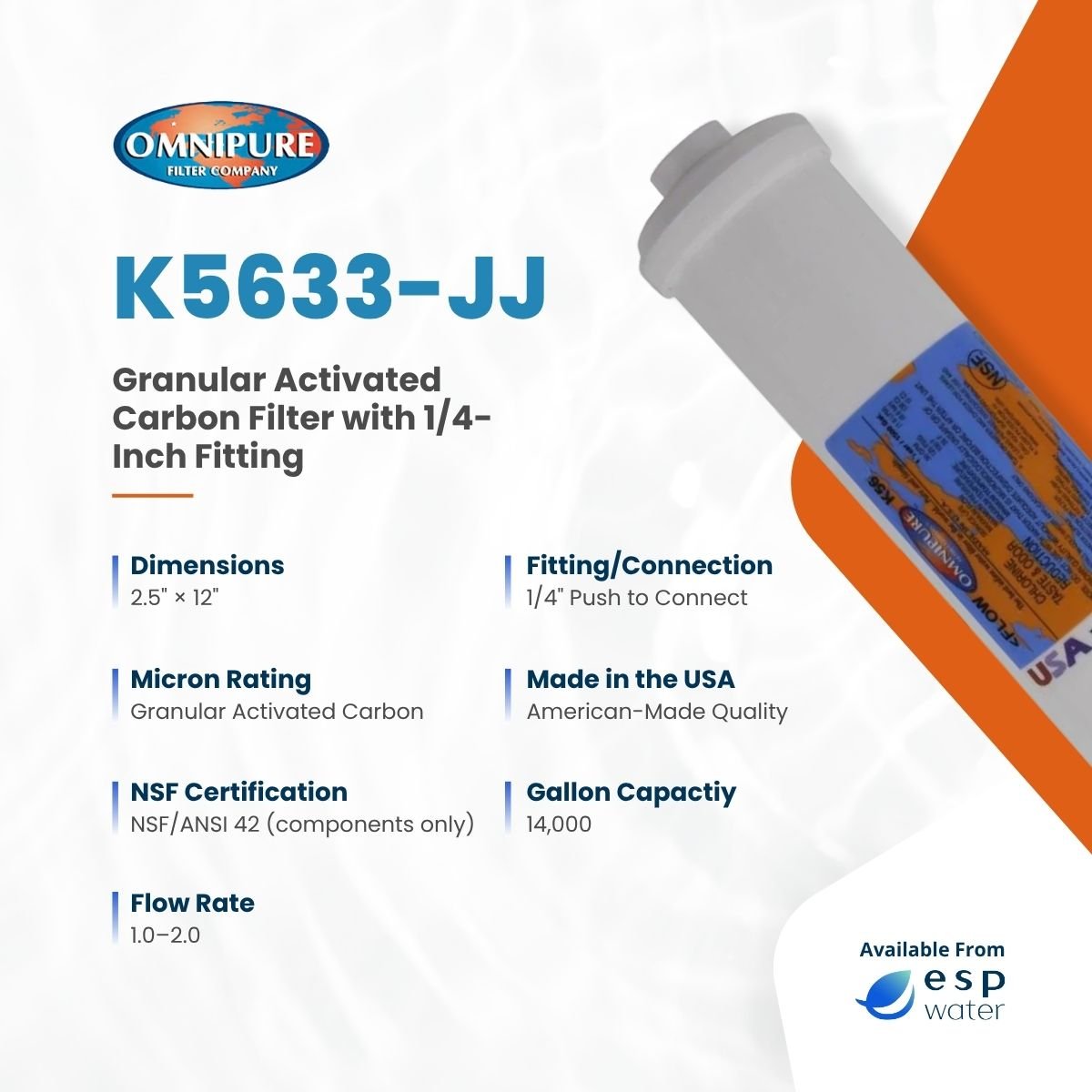 Omnipure K5633 specifications for a 2.5 x 12 inch inline GAC T33 carbon filter