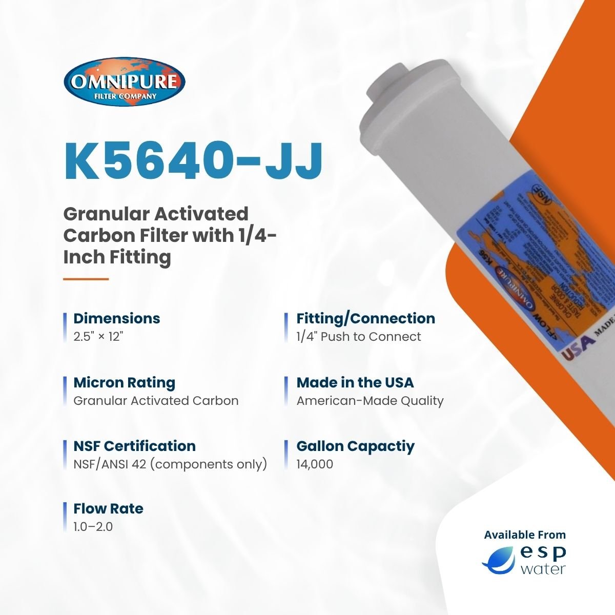 Omnipure K5640 2.5 x 12 inch GAC inline filter specifications