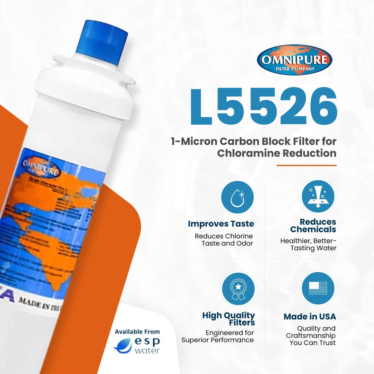 Omnipure L5526 carbon block filter benefits for chloramine chlorine taste and odor reduction