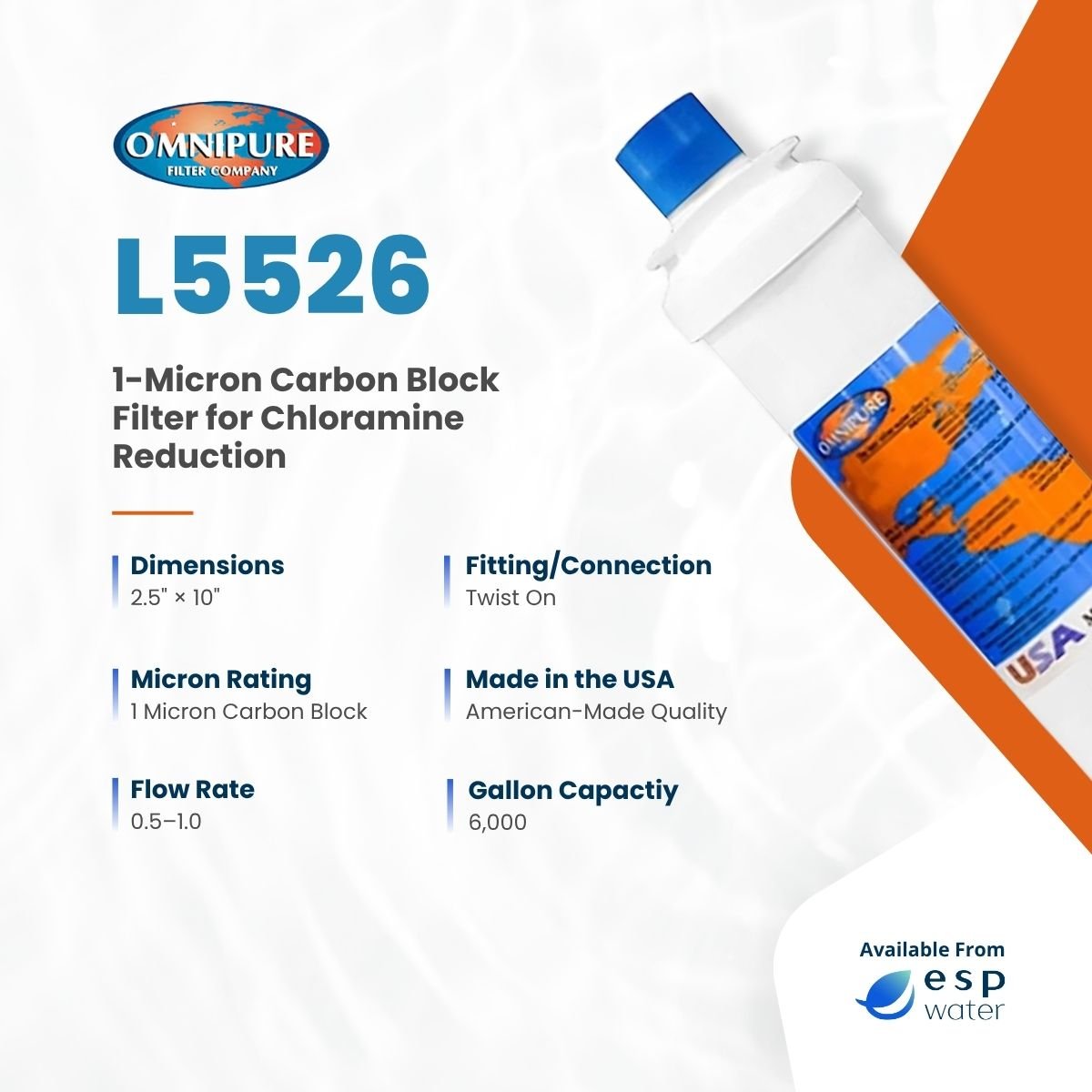 Omnipure L5526 1-micron carbon block filter specifications for compatible water filtration systems