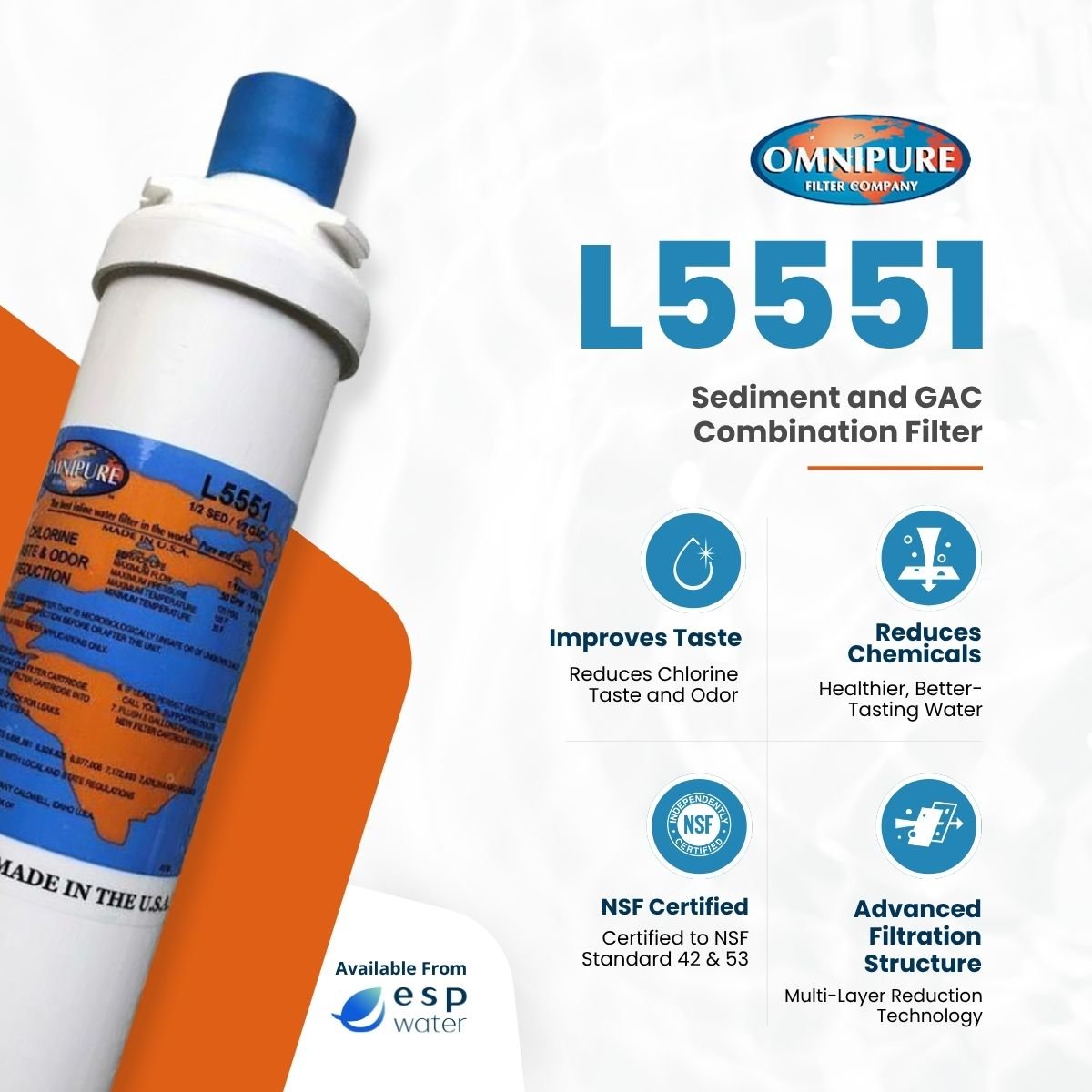 Omnipure L5551 dual-media filter benefits for sediment and chlorine taste and odor reduction