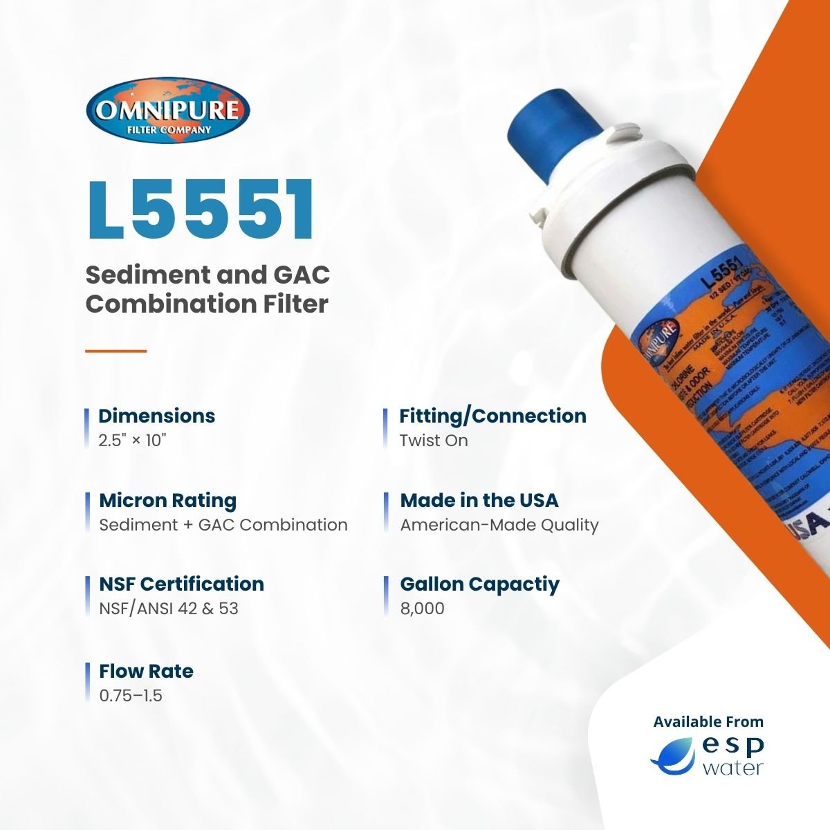 Omnipure L5551 specifications for L-Series sediment and granular activated carbon filtration