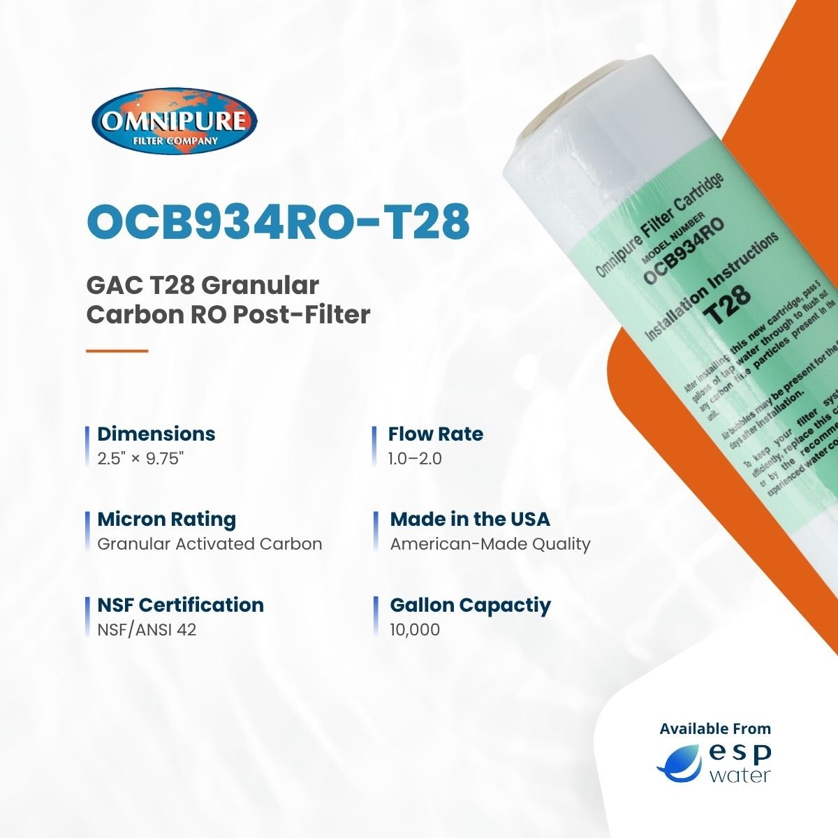 Omnipure OCB934RO-T28 granular activated carbon filter specifications