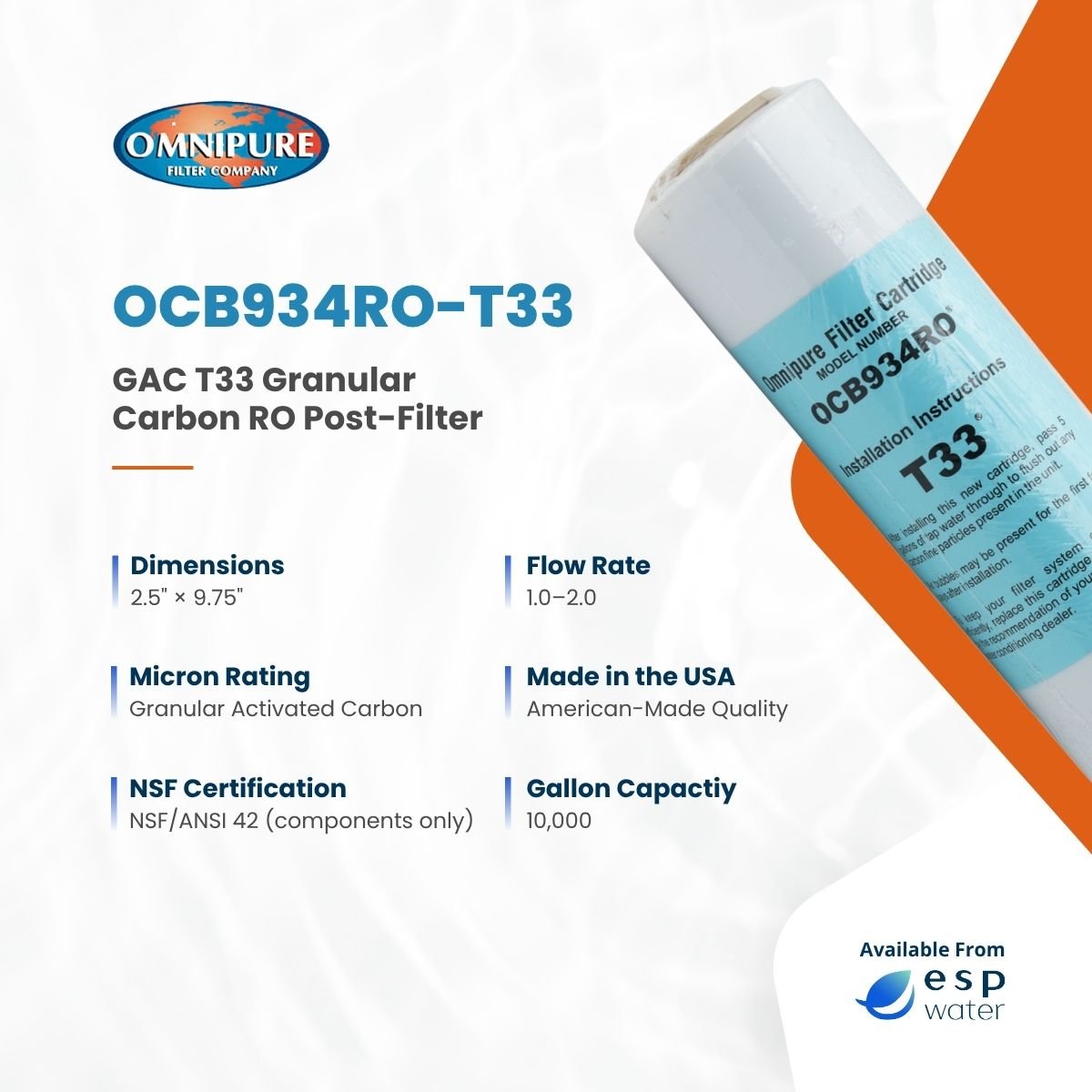 Omnipure OCB934RO T33 specifications for a 2.5 x 10 inch granular activated carbon cartridge