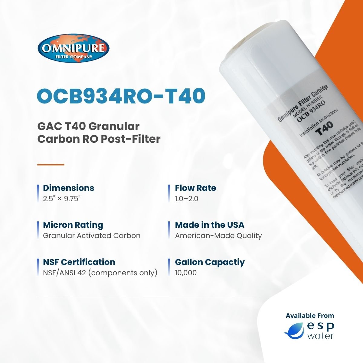 Omnipure OCB934RO-T40 granular activated carbon filter specifications