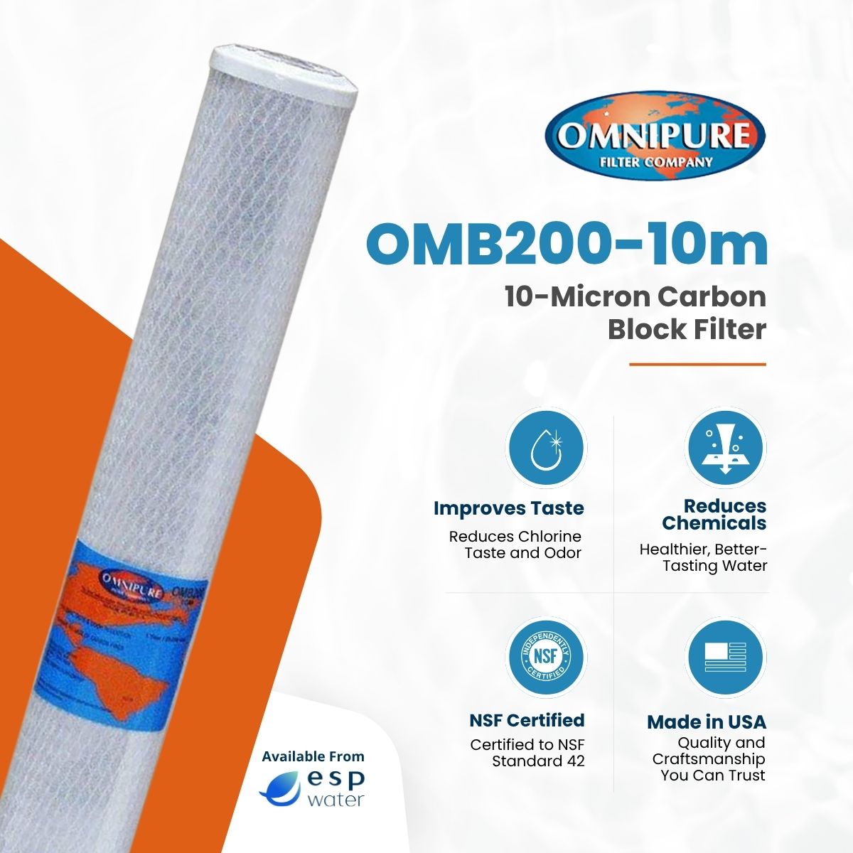 Omnipure OMB200-10m carbon block filter benefits for chlorine, taste, odor and sediment reduction