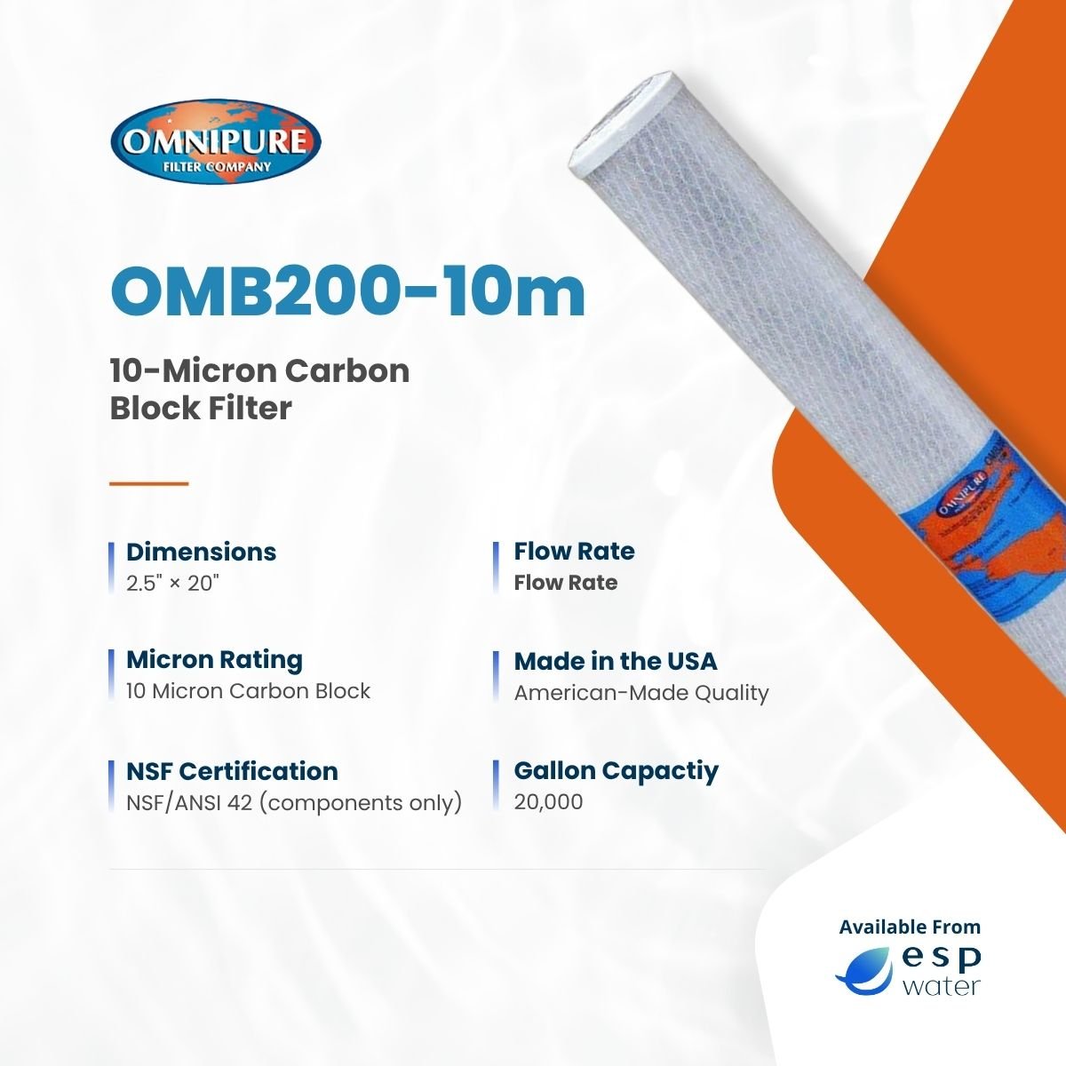 Omnipure OMB200-10m 10-micron carbon block filter specifications