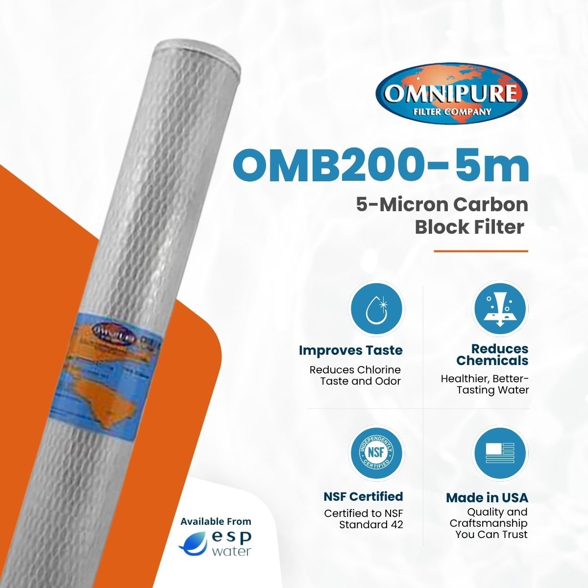 Omnipure OMB200-5m carbon block filter benefits for chlorine, taste, odor and sediment reduction