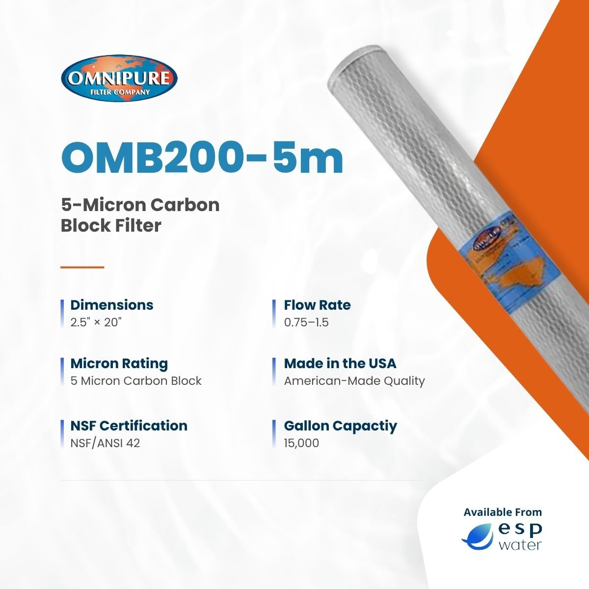 Omnipure OMB200-5m 5-micron carbon block filter specifications