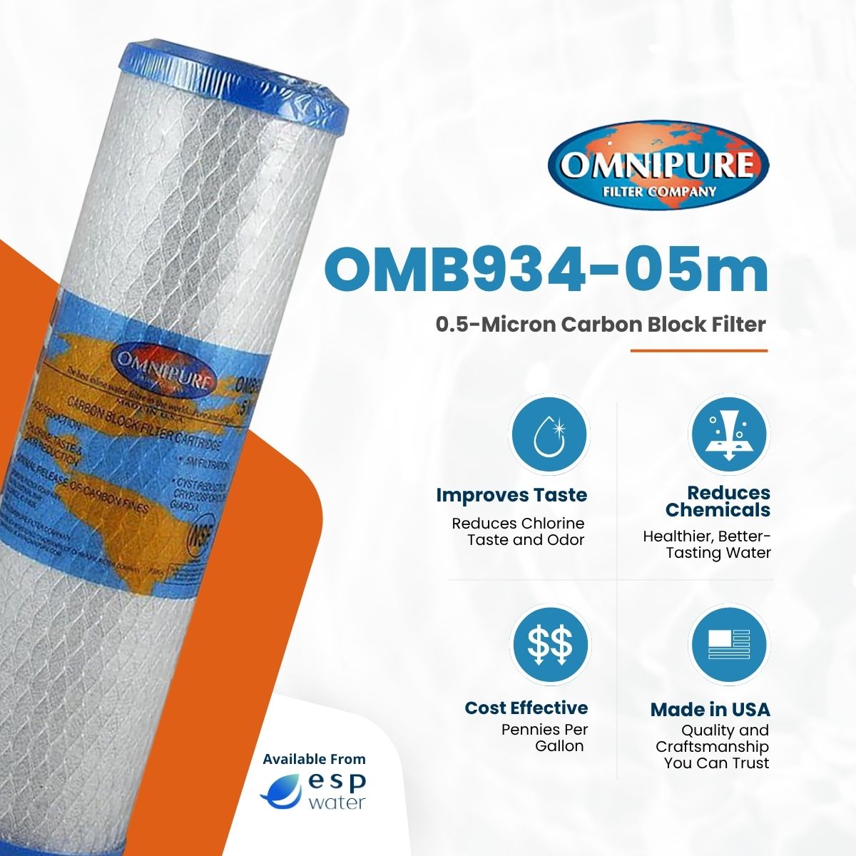 Omnipure OMB934-05m carbon block filter benefits for chlorine, taste, odor and fine sediment reduction