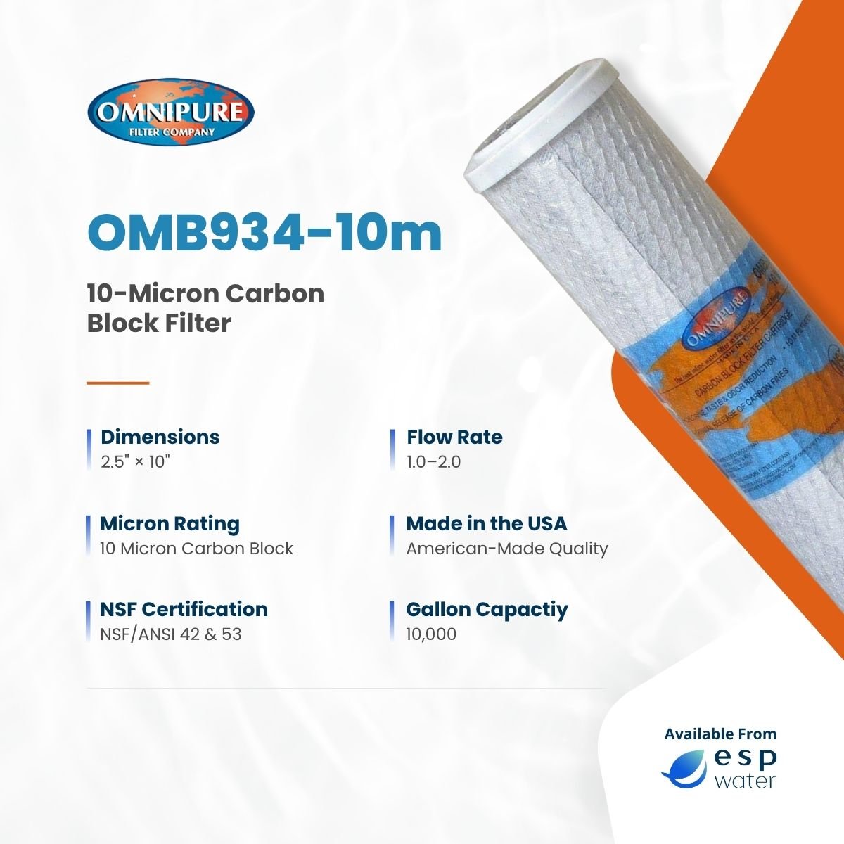 Omnipure OMB934-10m specifications for 10-micron OmnipureBlock carbon filter cartridge