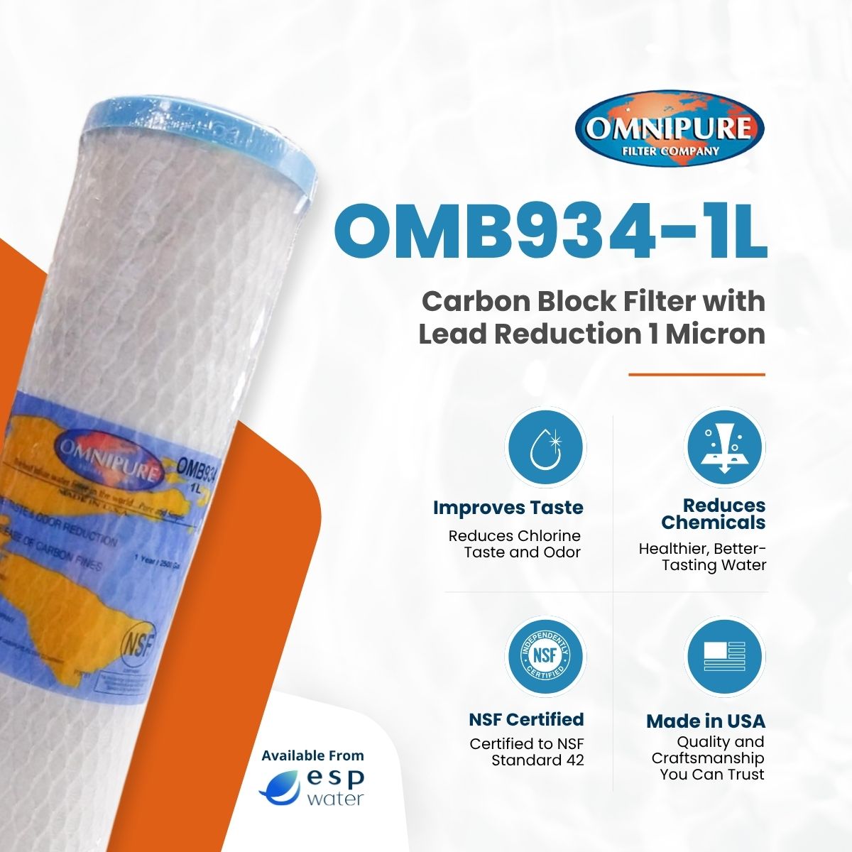 Omnipure OMB934-1mL carbon block filter benefits for lead, chlorine, taste and odor reduction