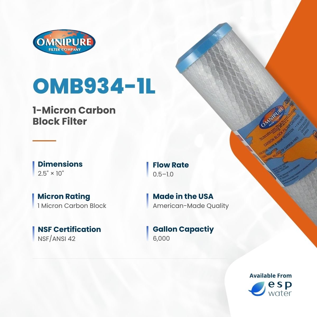 Omnipure OMB934-1mL 1-micron carbon block filter specifications