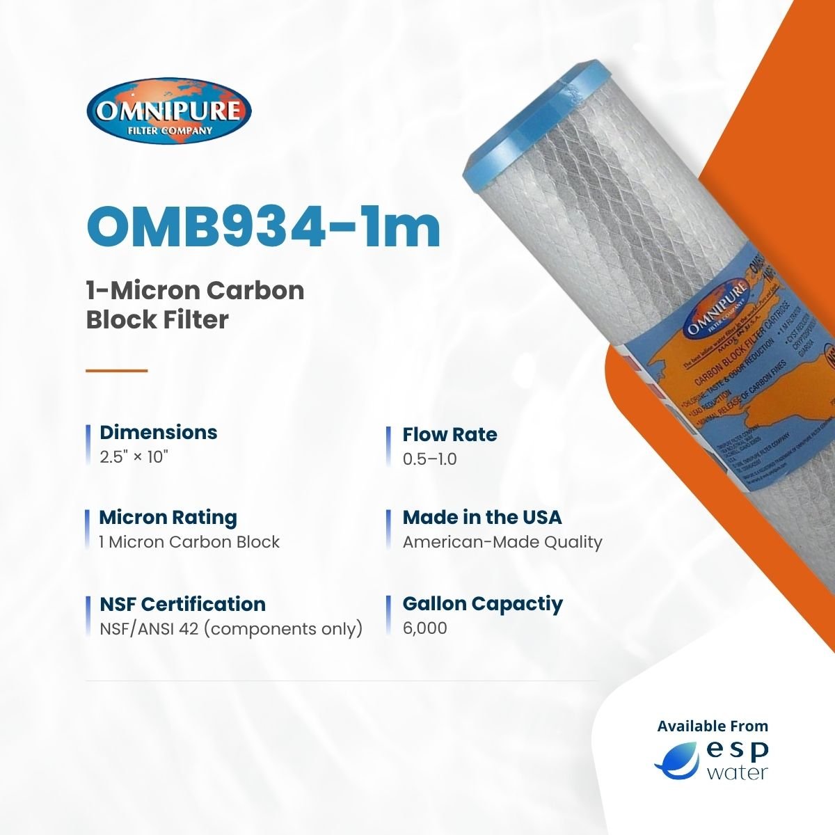 Omnipure OMB934-1m 1-micron carbon block filter specifications