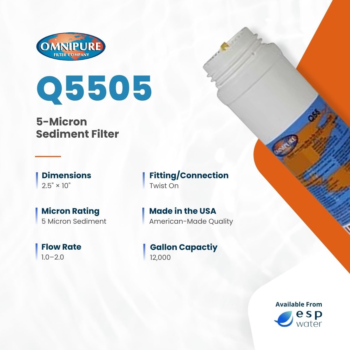 Omnipure Q5505 5-micron sediment filter specifications for compatible Q-Series systems