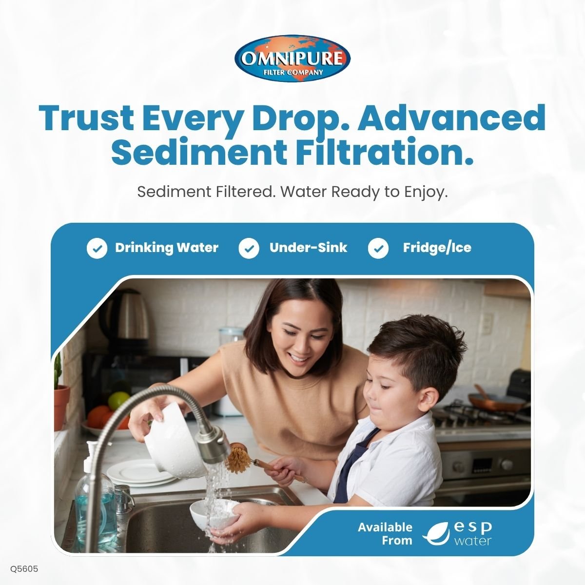 Omnipure Q5605 Q-Series filter features for under-counter reverse osmosis sediment prefiltration