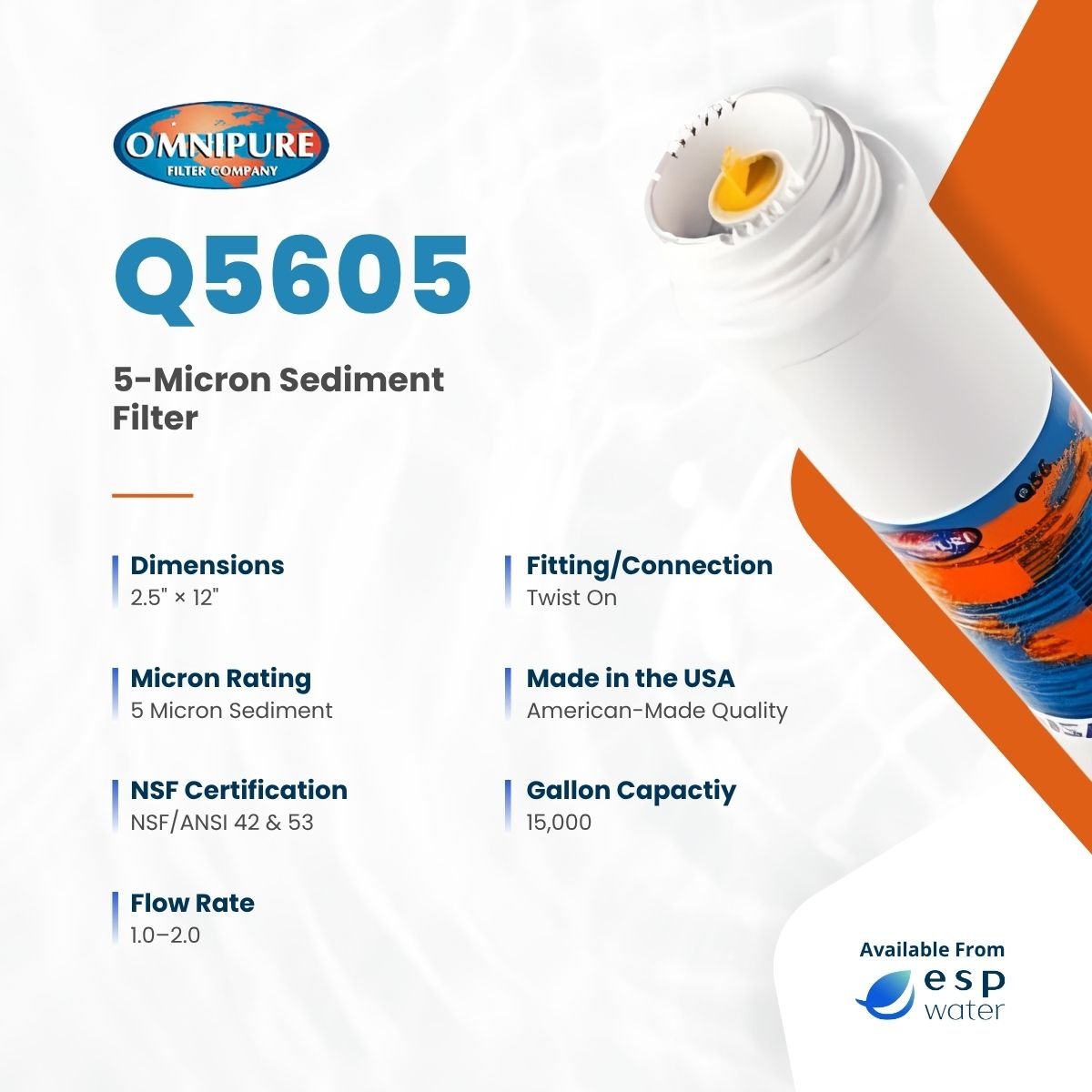 Omnipure Q5605 Q-Series sediment filter specifications for a 2.5 x 12 inch 5-micron cartridge