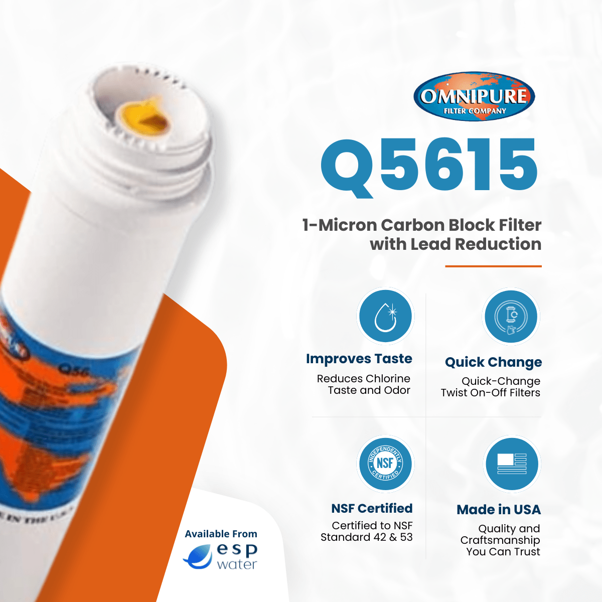 Omnipure Q5615 carbon block filter benefits for lead, chlorine, taste, odor and sediment reduction
