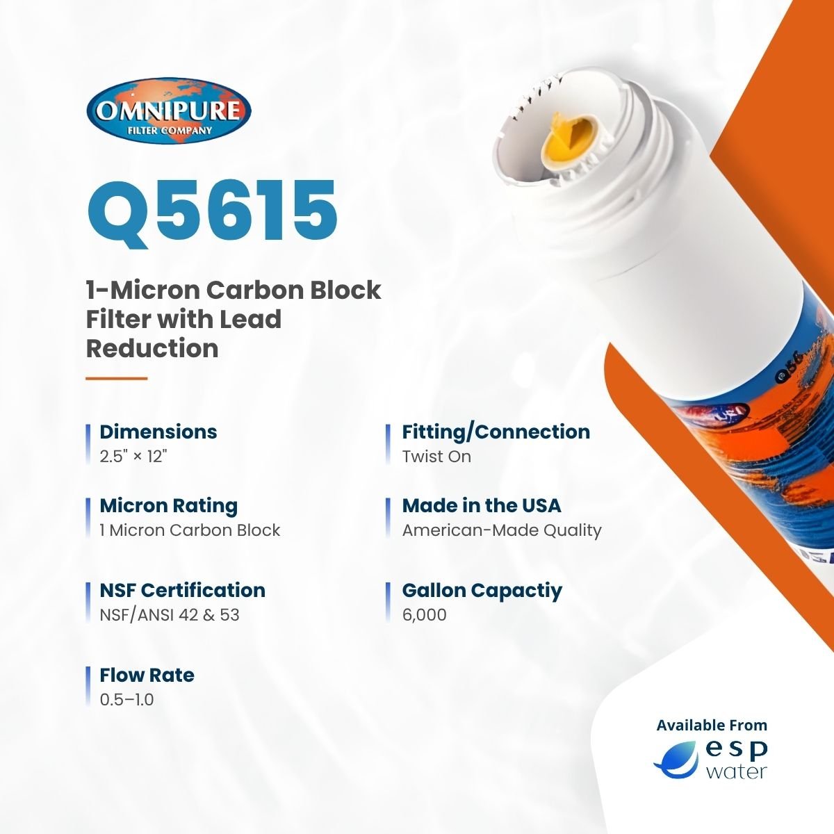 Omnipure Q5615 1-micron carbon block filter specifications