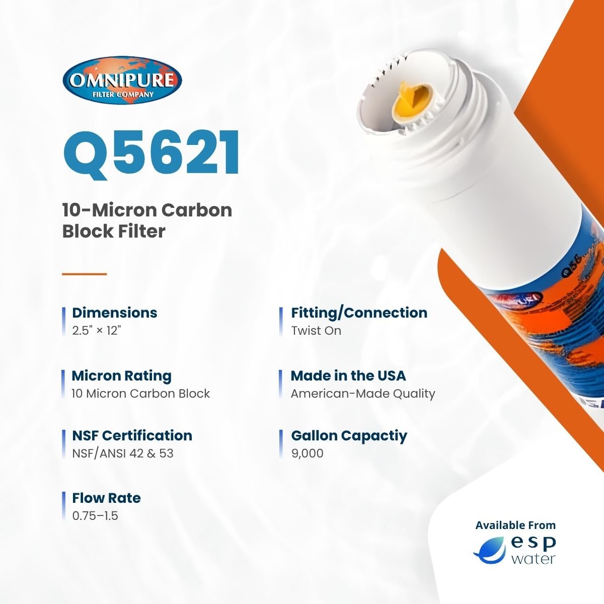 Omnipure Q5621 specifications for a 10-micron 2.5 x 12 inch carbon block filter cartridge