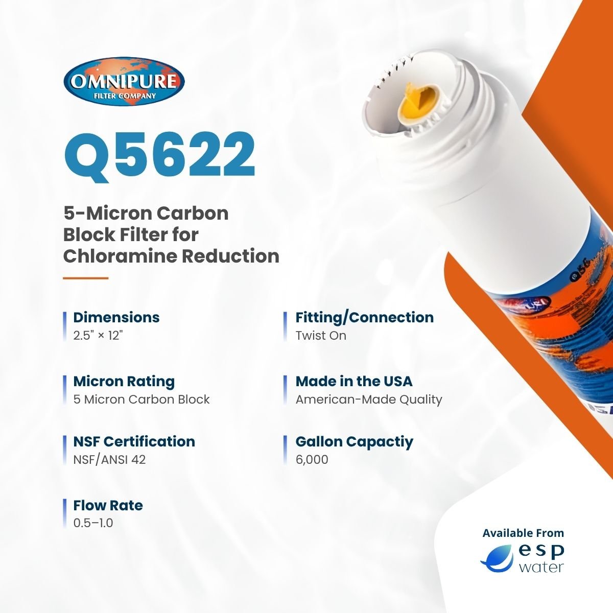 Omnipure Q5622 Carbon Block Filter Chloramine Reduction 5 Mic Q5622 - ESP Water