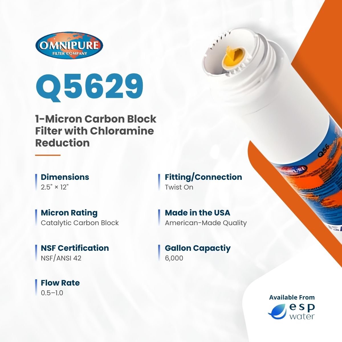 Omnipure Q5629 1-micron catalytic carbon block filter specifications